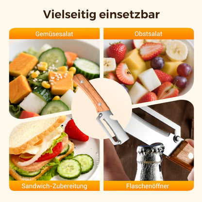 Sparschäler aus Edelstahl 🔪✨ Präzisionsgeschliffene Klinge, hauchdünn, große gebogene Öffnung, spart Zeit und Mühe, 2-in-1-Flaschenöffner 🍾