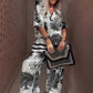 👚 JETZT 50 % RABATT! 🌸 Lässiges Damen-Set mit V-Ausschnitt und Print – weich und atmungsaktiv – Oberteil mit V-Ausschnitt und lange Hose 🍃
