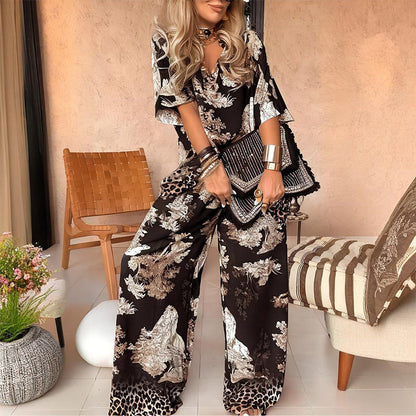 👚 JETZT 50 % RABATT! 🌸 Lässiges Damen-Set mit V-Ausschnitt und Print – weich und atmungsaktiv – Oberteil mit V-Ausschnitt und lange Hose 🍃