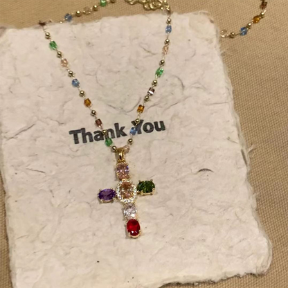 💎 50 % RABATT!! ✝️ Bunte Halskette mit Strass-Kreuzanhänger – leuchtender Glanz, verstellbare Länge & aussagekräftiges Statement ✨