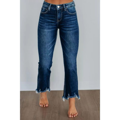 Retro-Schlagjeans für Damen ✨🔥 Hochgeschnitten + Leicht ausgestellt + Ausgefranste Kanten, Stretchmaterial, bequem und uneingeschränkt 📏