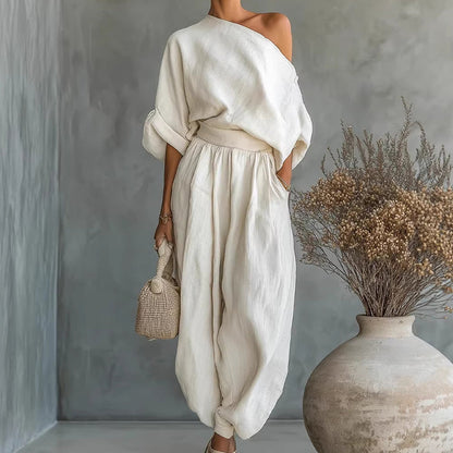 🎁NEU EINGETROFFEN 60% RABATT💥 Asymmetrisches One-Shoulder-Top & Hosen-Set für Damen