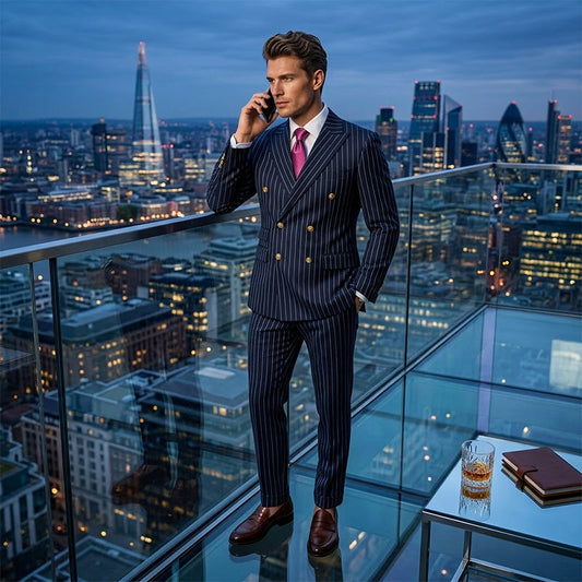 Herren-Nadelstreifenanzug 👔 Optisch schlankmachend und streckend, zweireihig mit Spitzrevers, schmale Passform 💼 Geeignet für Business und Hochzeiten 🏆