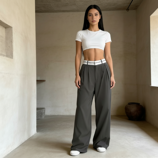 Stylische Hose mit weitem Bein 💃 Farblich abgesetzter Bund + hoher Bund ✨ Perfekt fürs Büro oder zum Shoppen 👜
