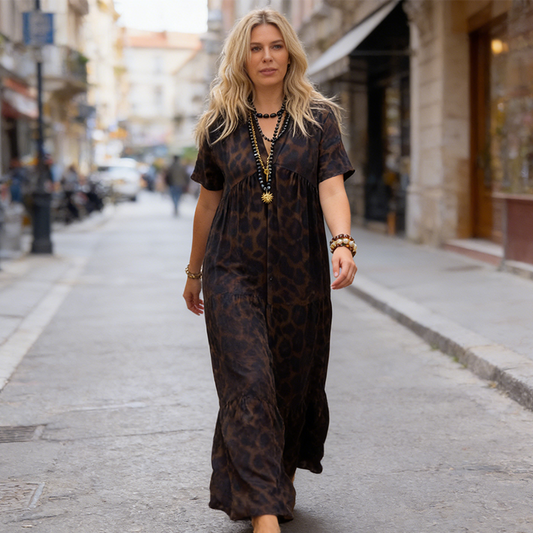 💃Leopardenkleid🐆 V-Ausschnitt, hohe Taille, figurschmeichelnder Schnitt, fließender Rock, atmungsaktive kurze Ärmel – verströmt im Nu wilde Eleganz! ✨