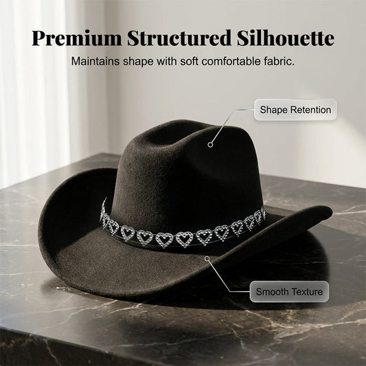 🤠 JETZT 50 % RABATT! 💖 Damen-Cowboyhut mit Strass-Herz – Eleganter Fedora im französischen Jazz-Stil – Glitzernde Details, leicht und größenverstellbar – perfekt für Festivals, Partys oder einen schicken Sommerlook 🎶