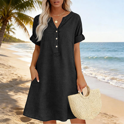 🔥Letzter Tag: 50% Rabatt!⏰👗Rabatt Damen Tunika-Kleid mit V-Ausschnitt & Taschen 🌊 Lässiges Kleid in Leinenoptik für Sommer, Strand & Alltag