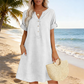🔥Letzter Tag: 50% Rabatt!⏰👗Rabatt Damen Tunika-Kleid mit V-Ausschnitt & Taschen 🌊 Lässiges Kleid in Leinenoptik für Sommer, Strand & Alltag