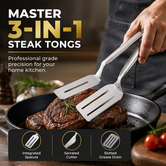 🥩🔥 3-in-1 Edelstahl-Steakzange – Gezahnte Schneidekante mit Pfannenwender & Abtropffunktion
